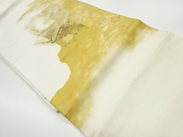 JAPANESE KIMONO / VINTAGE HANHABA OBI / KINSAI / SHELL INLAY / CRANES & UME BLOSSOM